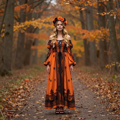 Woman in Halloween Dress on Autumn Forest Path
