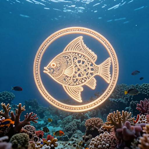 Photograph of a glowing, intricately patterned fish hologram above a vibrant underwater coral reef with small fish and colorful corals.