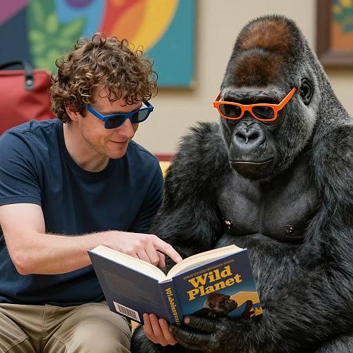 Man and Gorilla Enjoying a Book Together
