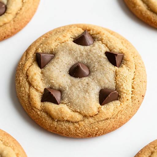 Photograph of a round, golden-brown cookie with a star-shaped pattern of dark chocolate chunks on a white background.