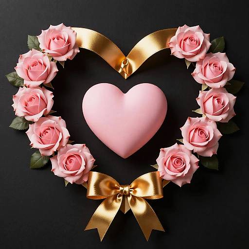 Photograph of a black background featuring a pink heart centered in a gold ribbon frame, surrounded by pink roses and green leaves, tied with a gold bow