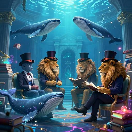 Digital artwork of four anthropomorphic animals in top hats and suits, discussing books underwater, surrounded by whales and books.