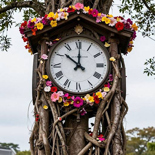 Photograph of an ornate, vintage clock with Roman numerals, surrounded by intertwined tree branches, adorned with colorful flowers, set outdoors.