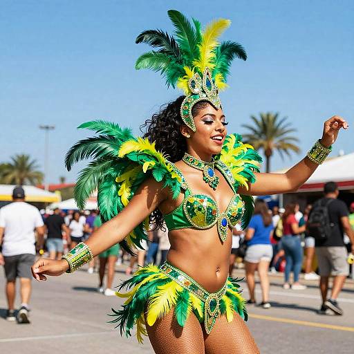 Photograph of a joyful, curvy Black woman in a vibrant green and yellow feathered Carnival costume, dancing outdoors on a sunny street.