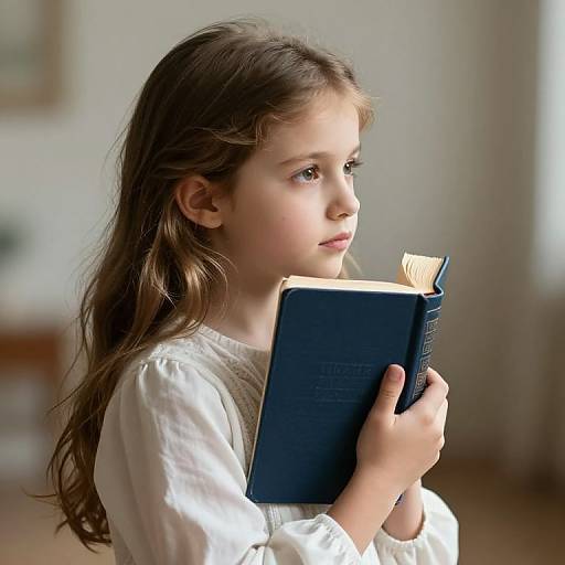 Photograph of a young girl with long brown hair, wearing a white blouse, holding a blue book with a focused expression.