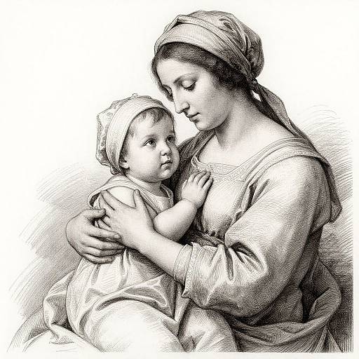 Black-and-white ink drawing of a mother gently cradling her baby, both with serene expressions, wearing head coverings and simple clothing.