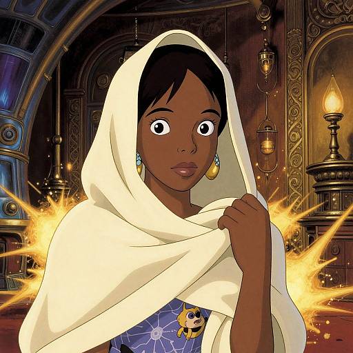 Digital illustration of a dark-skinned woman with wide eyes, wearing a white headscarf, blue dress, and gold earrings, surrounded by glowing yellow