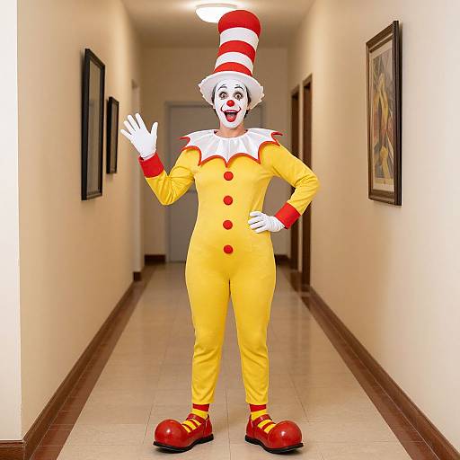 Photograph of a smiling clown in a bright yellow suit with red buttons, white ruffled collar, red and white striped hat, waving in a hallway