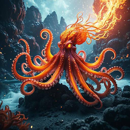 Fiery Phoenix-Octopus Hybrid in Surreal Underwater Landscape