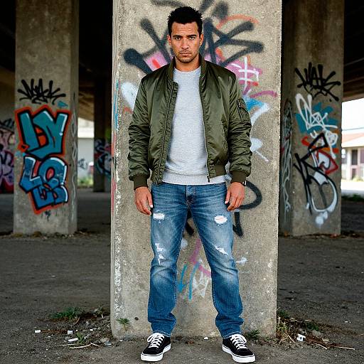 Photograph of a muscular man with short dark hair, olive jacket, white t-shirt, and distressed jeans, standing against a graffiti-covered concrete pillar in