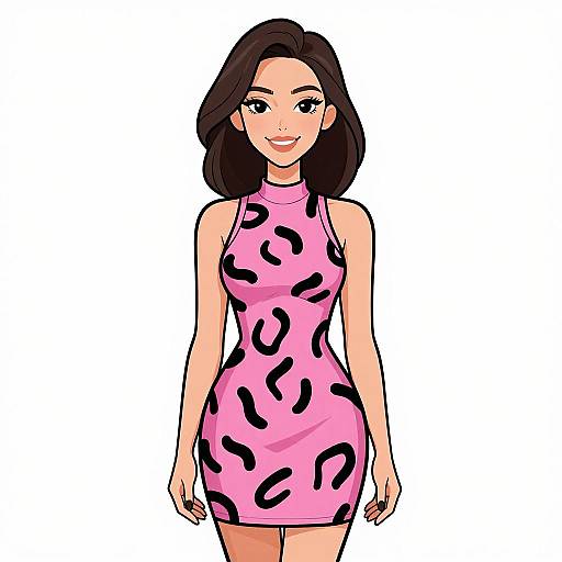 Digital illustration of a smiling Asian woman with shoulder-length black hair, wearing a sleeveless, pink, black-abstract-patterned dress, standing against a