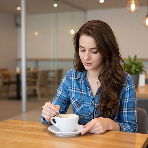 Photograph of a young woman with long brown hair, wearing a blue plaid shirt, sitting at a wooden table, sipping from a white coffee