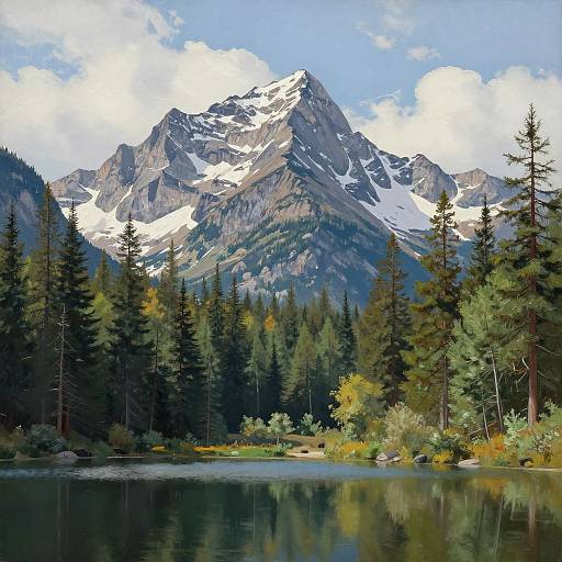 Photograph of a serene mountain landscape with snow-capped peaks, evergreen trees, and a reflective lake under a blue sky with white clouds.