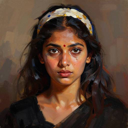 Digital painting of an Indian woman with dark hair, a white headband, black top, and red forehead dot, looking serious against a brown, textured