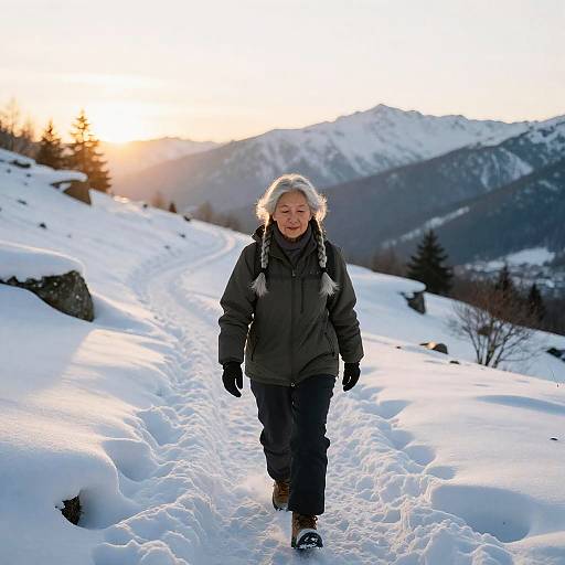 Elderly Woman Walking in Snowy Mountain Pass