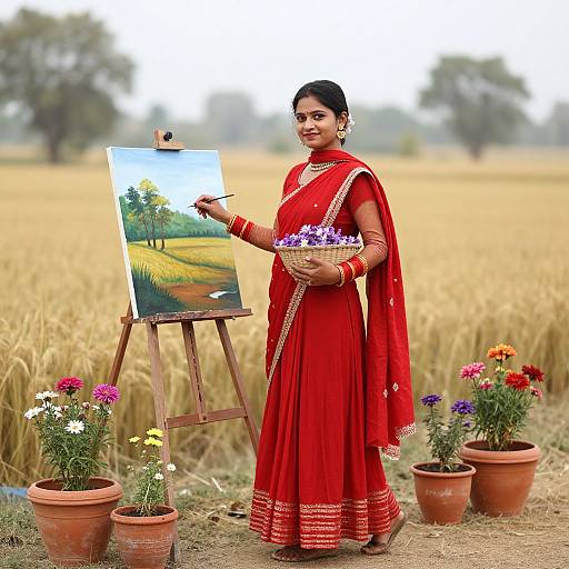 Photograph of a woman in a red traditional Indian saree, painting a sunny field landscape on an easel, surrounded by potted flowers.