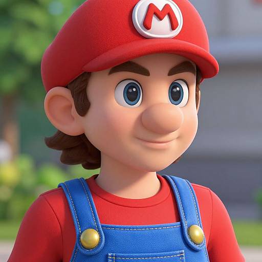 CGI image of Mario, a young male character with large blue eyes, red hat, and overalls, smiling slightly, set outdoors.