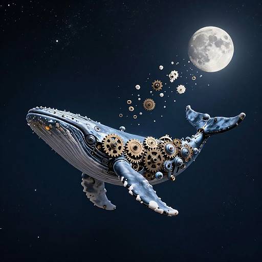 Digital artwork of a whale adorned with gears and cogs, floating in a dark blue space filled with stars and a full moon.