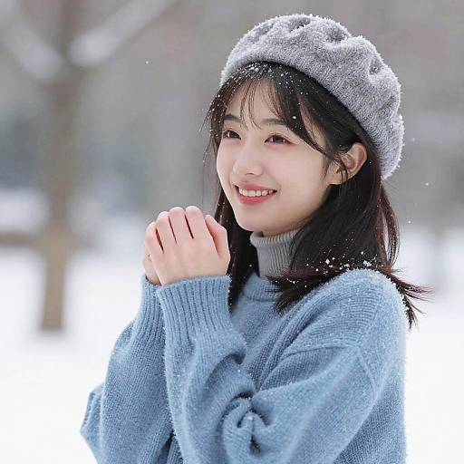 Photograph of a smiling Asian woman with black hair, wearing a light blue sweater and gray knitted hat, hands clasped, standing in a snowy