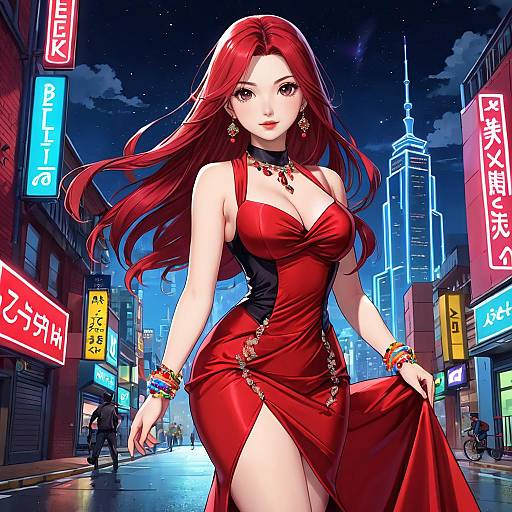 Anime-style digital artwork of a beautiful, red-haired woman in a revealing, red dress, standing confidently on a neon-lit city street at night.