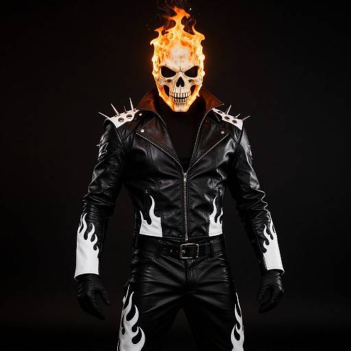 Digital artwork of a skull-headed figure with fiery orange head, black leather jacket with white flame patterns, and spiked shoulders. Black background.