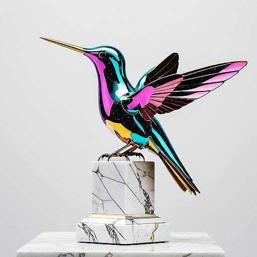 Metallic Hummingbird Sculpture on Marble Plinth