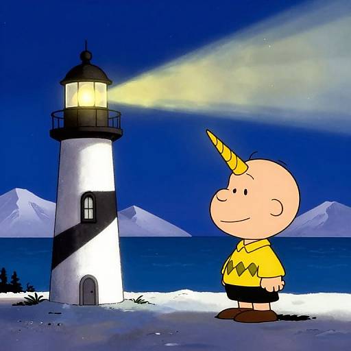 Cartoon of bald boy with yellow shirt and horn, standing by white and black lighthouse, beaming light into night sky over snowy beach.