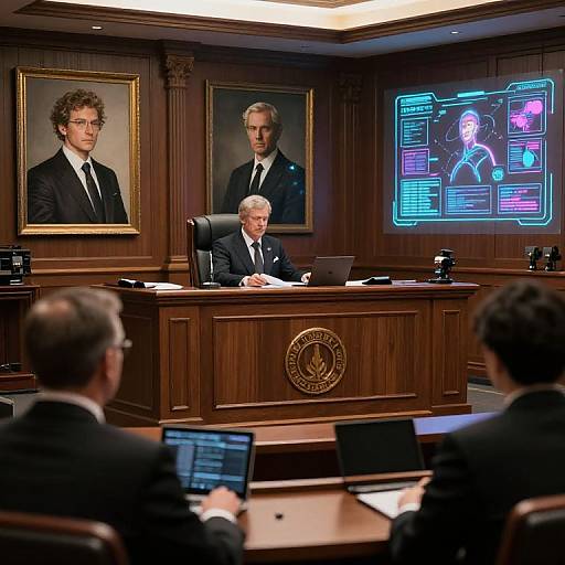 Photograph of a formal meeting in a wood-paneled room with a gray-haired elderly man speaking behind a large wooden desk, flanked by portraits,