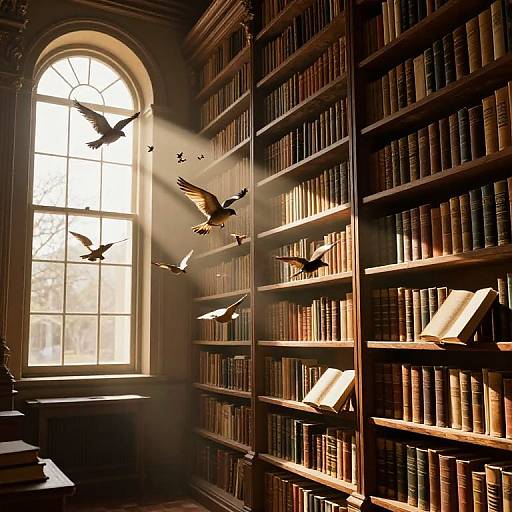 Photograph of a sunlit library with arched window, four flying birds, and tall wooden bookshelves filled with colorful, old books.