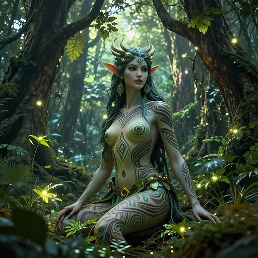 Digital fantasy artwork of a nude, tattooed, elven woman with green hair and antler-like horns, kneeling in an enchanted forest illuminated by glowing