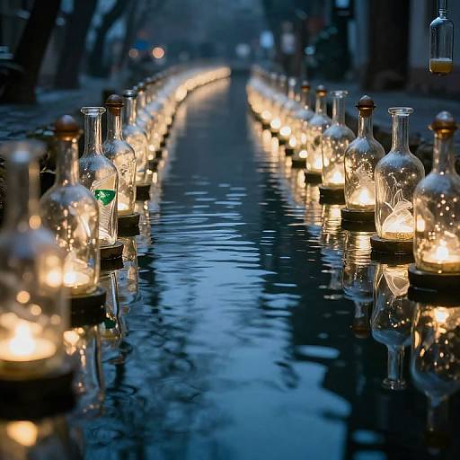 Photograph of a long, narrow canal lined with lit glass laboratory flasks, reflecting warm light on calm, dark blue water.