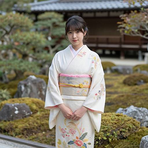 Photograph of an Asian woman in a white floral kimono standing in a traditional Japanese garden with rocks and shrubs.