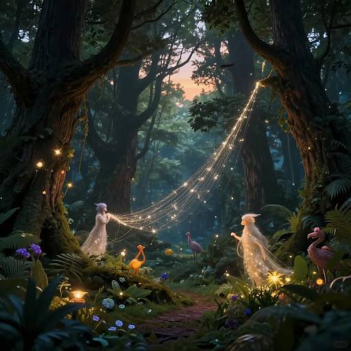 Magical forest scene: two glowing, ethereal figures in white dresses hold a string of fairy lights between tall trees, surrounded by vibrant flowers and lum