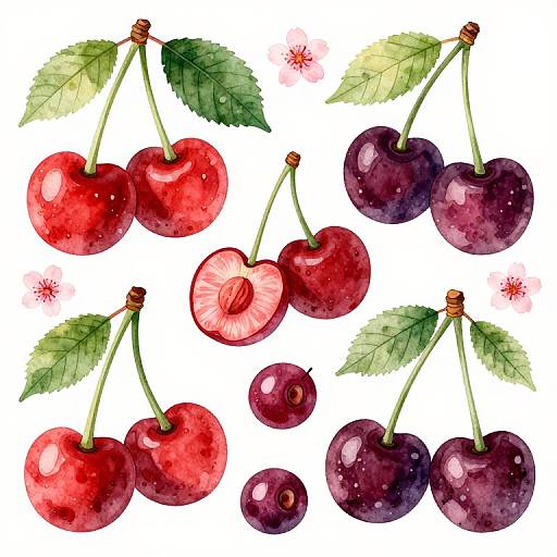 Watercolor illustration of vibrant red and purple cherries with green leaves and small pink flowers on a white background.