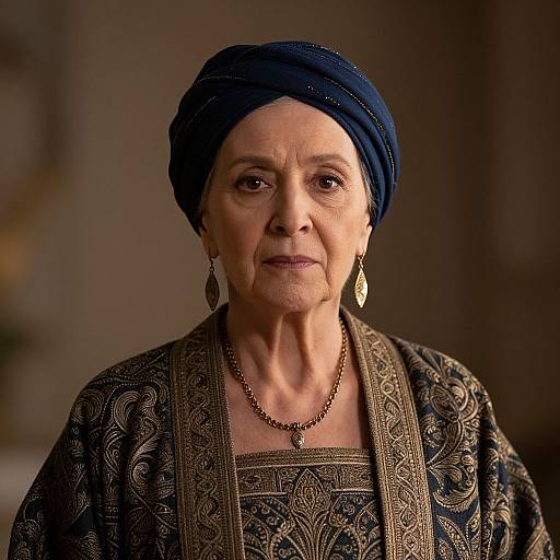 Photograph of an elderly woman with a dark blue headscarf, ornate gold-patterned dress, and teardrop earrings, wearing a necklace