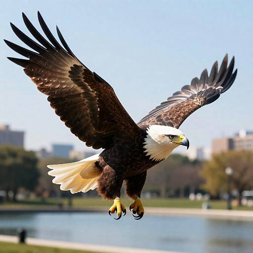 Soaring American Eagle Over Urban Park
