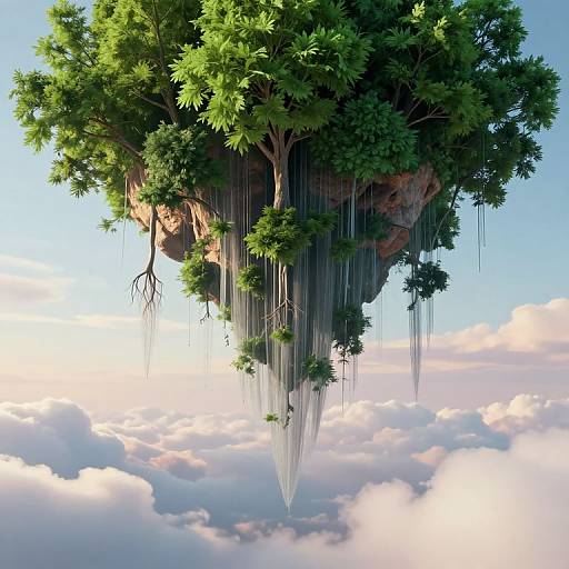 Digital artwork of a floating, lush green tree island with hanging vines, roots, and a pointed bottom, set against a bright blue sky with fluffy white