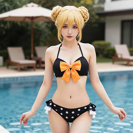 Digital artwork of a blonde anime-style woman in a black polka-dot bikini with an orange bow, standing by a blue pool.