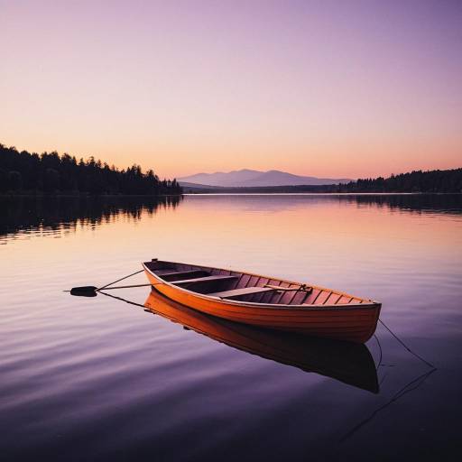Orange Rowing Boat on Calm Lake at Sunset