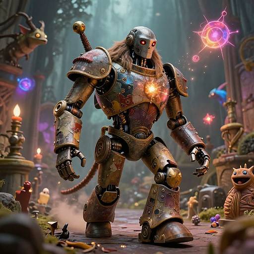 Digital art of a metallic, lion-headed robot with glowing red eyes, standing in a mystical, glowing forest, surrounded by enchanted objects and magical orbs.