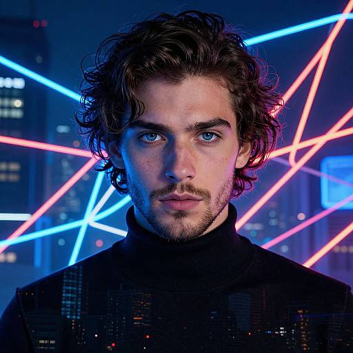 Photograph of a handsome man with curly brown hair, blue eyes, and a mustache, wearing a black turtleneck, against a neon blue