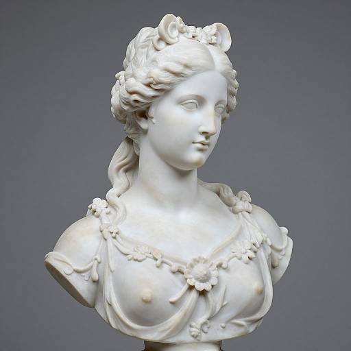 Photograph of a detailed white marble bust of a classical-style woman with floral hair accessories, small breasts, and intricate neckline ornamentation.