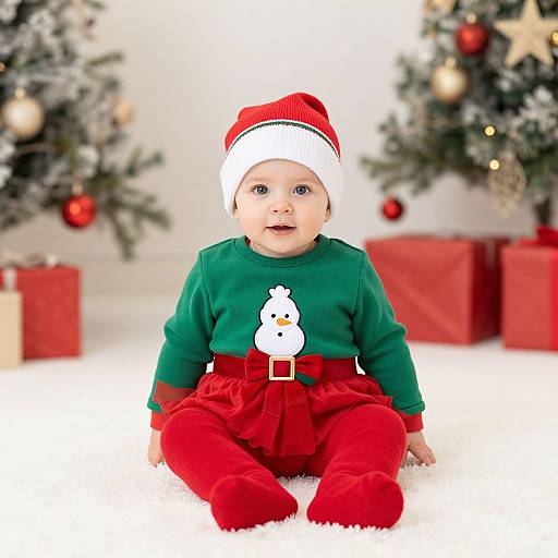Photograph of a baby with blue eyes, wearing a Santa hat, green shirt with snowman, red pants, and belt, sitting on white carpet
