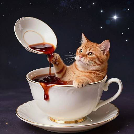 Photograph of an adorable orange tabby kitten pouring dark brown syrup from a teacup into a larger white teacup, with a starry