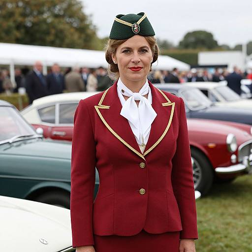 Photograph of a smiling woman in a red airline stewardess uniform with white scarf and green cap, standing in front of classic cars at an outdoor event