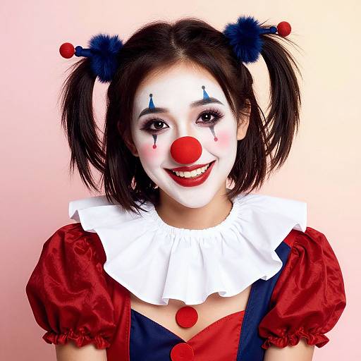 Photograph of an Asian woman in a clown costume with white face paint, red nose, blue hair puffs, red and white outfit, smiling.