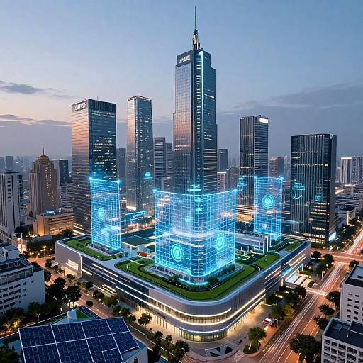 Photorealistic CGI of a futuristic cityscape at dusk, featuring a glowing, holographic skyscraper with blue neon grids amidst modern high-rises and