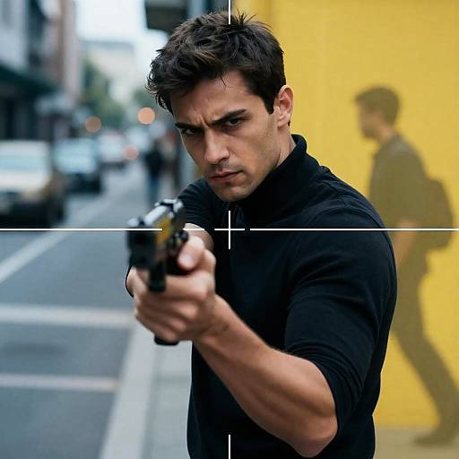 Intense Man with Gun in Motion