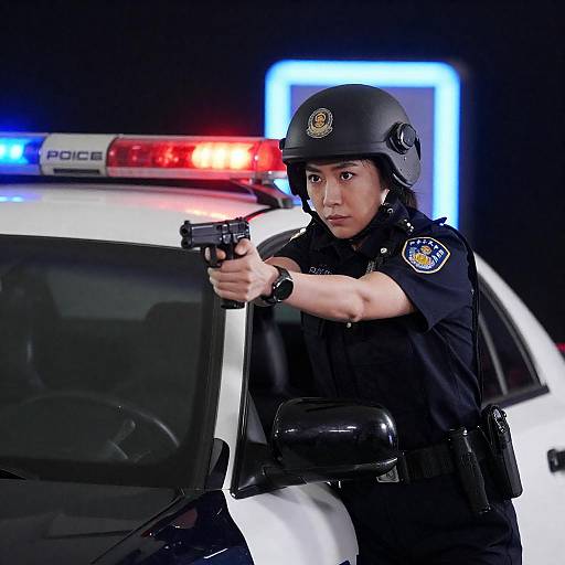 Neon Night: Female Officer Aiming Gun