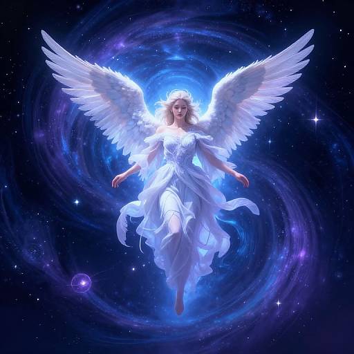 Digital artwork of a radiant, blonde angel with white wings and flowing dress, glowing in a swirling, starry, blue cosmos.